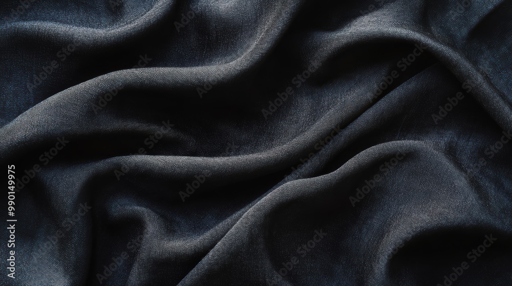 Poster Soft dark blue fabric draped artistically on a smooth surface highlighting texture and color variation in natural light