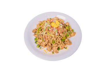 A plate of stir-fried spaghetti with chicken, vegetables, and a savory sauce, topped with a sunny-side-up egg.