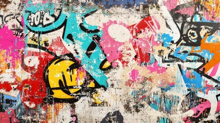 Urban graffiti wall with street culture references, bold colors