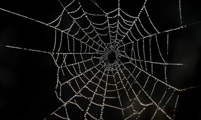 Obraz premium close-up of a glistening spider web with water drops on a complete black background