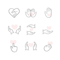Vector icon for hand-drawn donation gesture with heart and outstretched hand. A symbolic design featuring an open hand holding a red heart, representing giving, generosity, and support.
