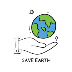 Vector icon for save earth with hand holding the globe. A symbolic icon representing environmental conservation with a hand gently holding the Earth, promoting sustainability and global care.