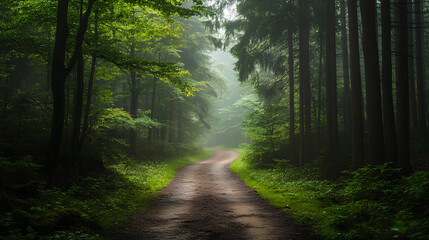 Obraz premium A serene forest path enveloped in mist, inviting exploration and tranquility.