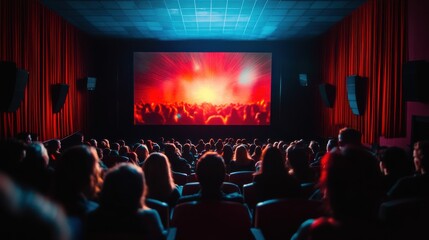 Audience enjoying a cinematic experience in a vibrant theater during a film screening in the evening hours