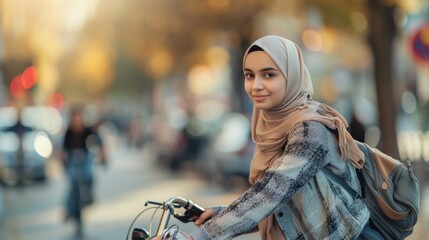 A young woman wearing a scarf and a backpack is riding a bicycle down a street