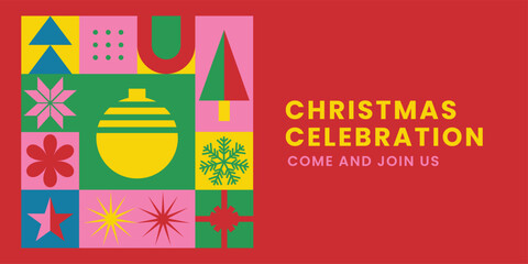 Christmas Celebration Invitation Card - Bright Geometric Icons for Holiday Events and Parties