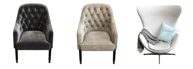 armchair isolate on a transparent background, comfortable furniture for home interior, 3D illustration, cg render