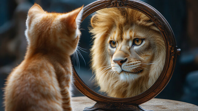 Confident Cat Looking in the Mirror Seeing a Lion. Motivational kitty feeling strong and believing in personal growth