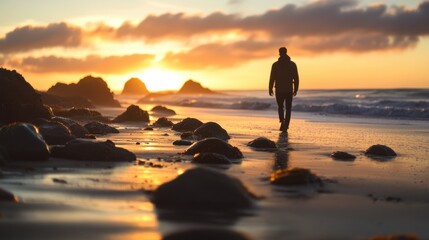 A peaceful sunset stroll along a rocky beach with gentle waves and vibrant colors reflecting in the water