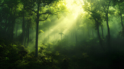 Obraz premium A serene forest scene with sunlight filtering through lush trees, creating a mystical atmosphere.