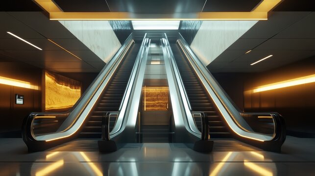Modern escalators leading up in a sleek underground transit station with ambient lighting during evening hours