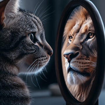 Confident Cat Looking in the Mirror Seeing a Lion. Motivational kitty feeling strong and believing in personal growth