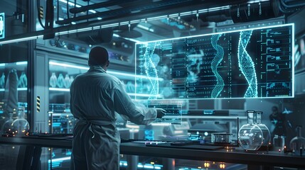 Futuristic Lab Scientists Encoding Digital Data into Synthetic DNA on Holographic Interface