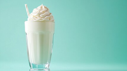 Vanilla milkshake with whipped cream and straw on a light blue background.