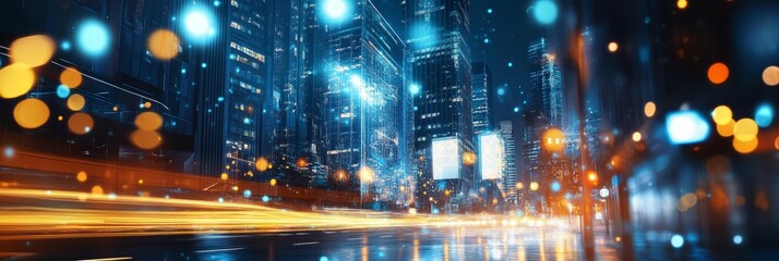 Smart City Interconnected Technology Systems, futuristic cityscape with buildings, glowing lights, and a bustling street, symbolizing innovation, technology, urban development, connectivity, and progr