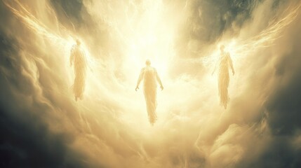 Celestial beings arise from radiant clouds, illuminating the sky during a serene twilight moment