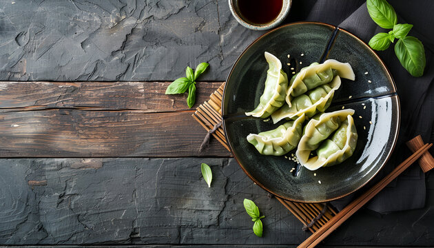 Delicious green dumplings (gyozas) served on grey wooden table, flat lay
