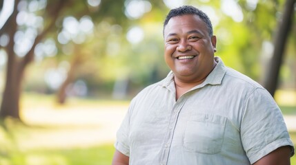 Smiling MiddleAged Pacific Islander Man in Outdoor Park Setting Perfect for Lifestyle and Diversity Themes