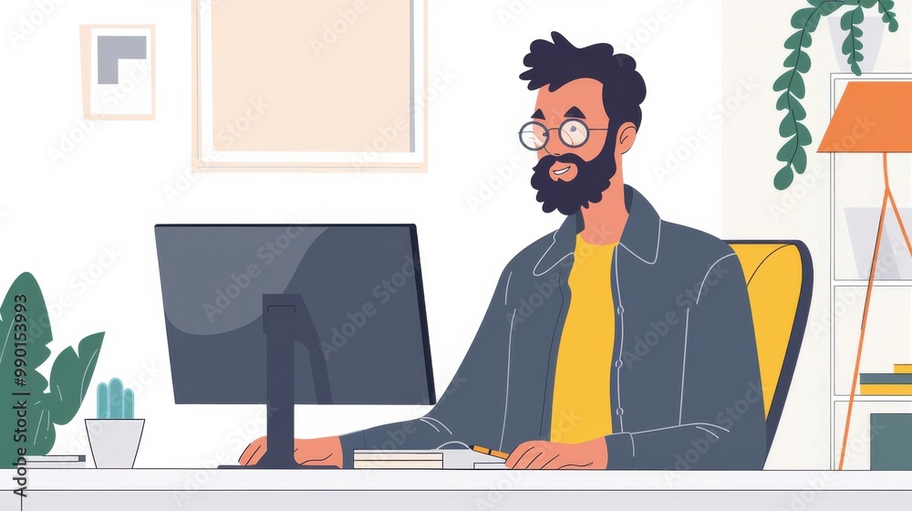 Poster a man wearing glasses sits at a desk in front of a computer monitor