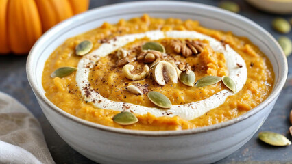 Pumpkin porridge with cinnamon and pumpkin seeds.