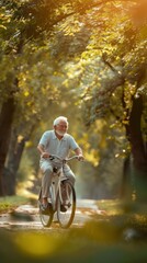 Obraz premium An older man is riding a bicycle through a forest
