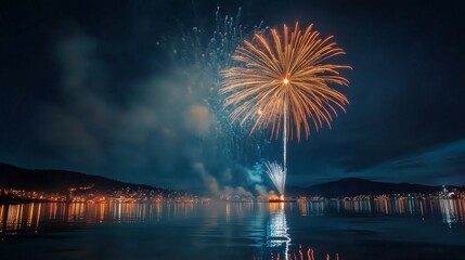 Stunning fireworks explode over a tranquil body of water, illuminating the night sky with vibrant colors and creating a magical atmosphere. The reflection of the lights dances on the water, adding to 