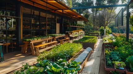 Fototapeta premium Vibrant Urban Farm to Table Restaurant with Onsite Greenhouse Garden