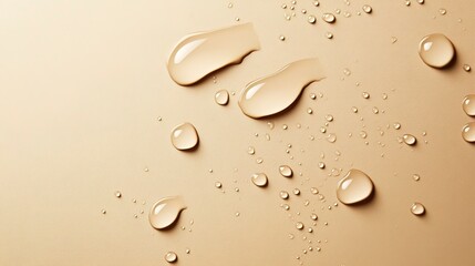 Close up of water drops on beige background. The water droplets and beige colored abstract banner could work for a cosmetic, beauty or spa concept. 