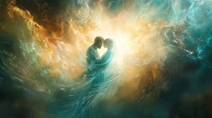 Fototapeta premium A couple embraces in a cosmic dreamscape filled with vibrant colors and swirling energy, expressing love and connection amid a celestial backdrop