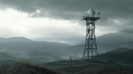 Radar signal towers are essential for early warning systems, standing tall against moody landscape. scene captures tower amidst misty mountains, evoking sense of isolation and vigilance