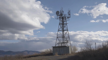 Radar signal towers are essential for early warning systems, standing tall against backdrop of dramatic clouds and mountains. Their presence signifies advanced communication technology and safety