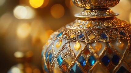 Intricate glass lamp with golden accents and colorful patterns glowing softly in warm ambient light during evening hours