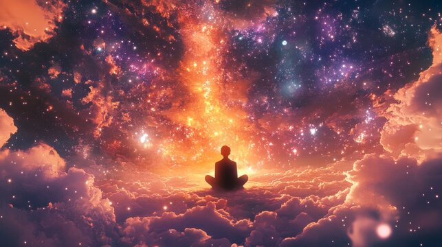A person meditates in a cosmic landscape filled with colorful clouds and stars, reflecting tranquility and exploration of consciousness