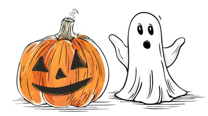 Hand-drawn Halloween pumpkin and ghost illustrated with playful and cute designs, featuring light sketch lines and soft colors set against. Perfect for festive decorations, greeting cards