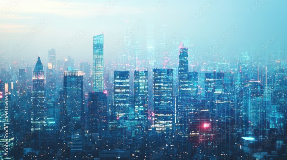 Poster vibrant skyline view of a modern city at dusk, showcasing illuminated skyscrapers and a colorful atm