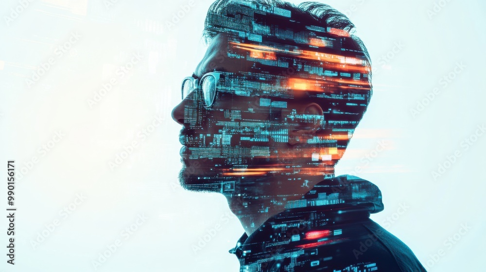 Poster A man with glasses stands in profile against a light background while digital data overlays enhance his silhouette in a creative display