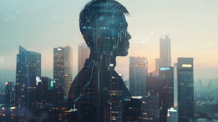 Silhouette of a young man against a city skyline at sunset, with data analytics overlay representing financial insights