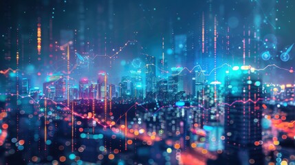 A vibrant city skyline illuminated at night with digital graphs and data trends overlaying the bustling urban landscape