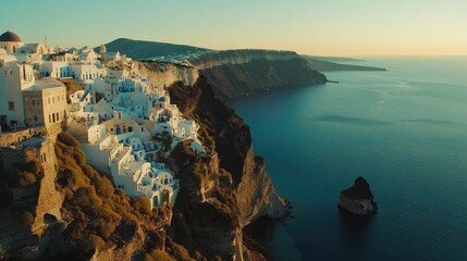Fototapeta premium Aerial shot of the white and blue architecture of Santoriniaes Oia village, perched above the Aegean Sea, with dramatic cliffs and open skies