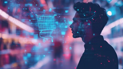 Exploring digital shopping trends with a futuristic perspective in a retail environment at dusk