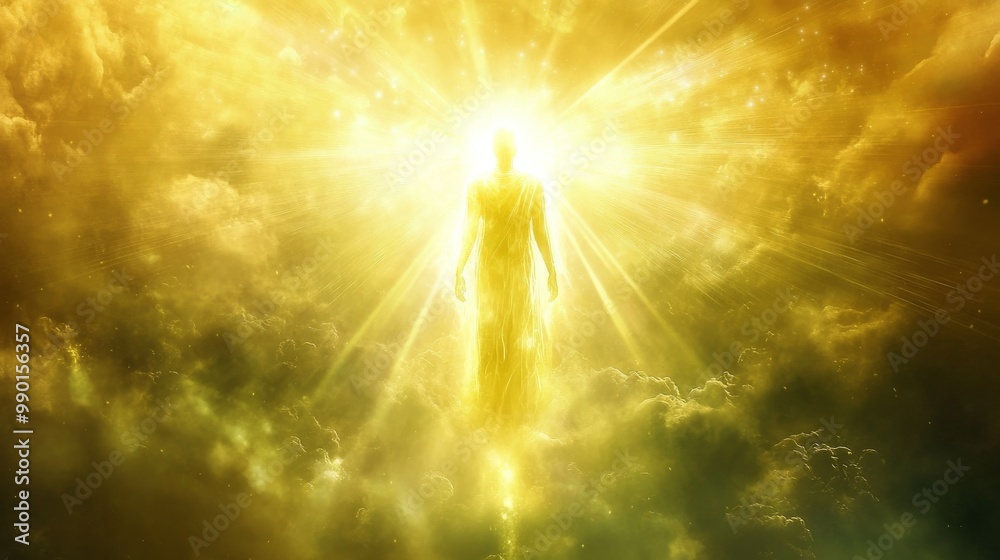 Poster ethereal being emerges surrounded by radiant light against a backdrop of clouds in a celestial atmos