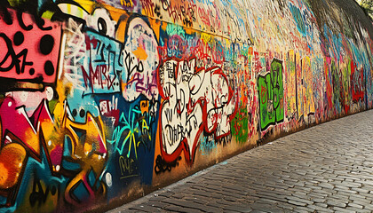 Obraz premium A graffiti-covered urban wall, showcasing vibrant colors, bold lines, and an edgy, artistic vibe