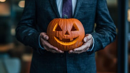 Carved pumpkin displayed by a businessman, highlighting fun in a corporate Halloween.