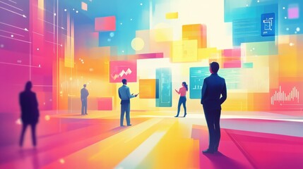 Business professionals engaging in a dynamic data visualization discussion in a vibrant, colorful digital environment