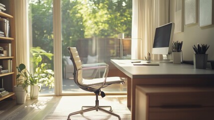 Fototapeta premium Bright and airy home office with a modern desk and a view of greenery on a sunny day