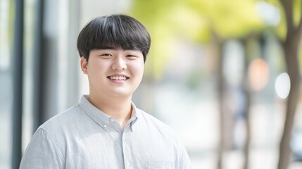 Young Korean Man Smiling Outdoors, Casual Urban Exploration, Natural Light Portrait for Lifestyle