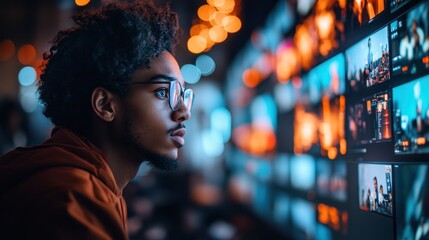 Young Man Watching Screens