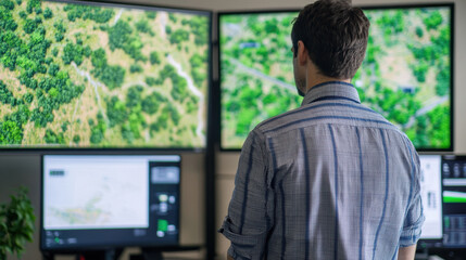 person observes multiple screens displaying environmental data and maps, emphasizing importance of technology in monitoring sustainability efforts
