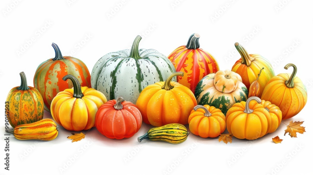 Poster a row of pumpkins and squash on a white background