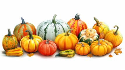 Obraz premium A row of pumpkins and squash on a white background